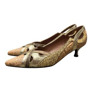 Vintage Spiegel snakeskin Leather gold & beige tones pointed toe kitten heel 8